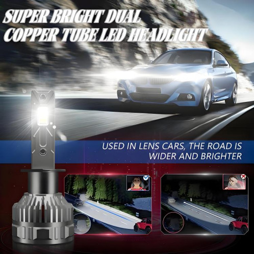 Ampoule LED H1 pour phare de voiture, 50 W, 6 000 lm, 6 000 K, double tube en cuivre (couleur pistolet), lot de 2 SH203A1407-010